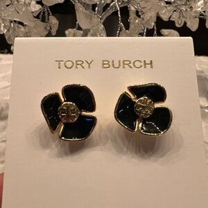 Tory Burch Black and Gold Floral Earrings